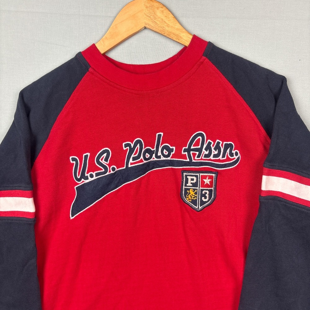 Vintage Y2K US Polo Assn Striped Sleeve Varsity Shirt XL Spellout Crest
